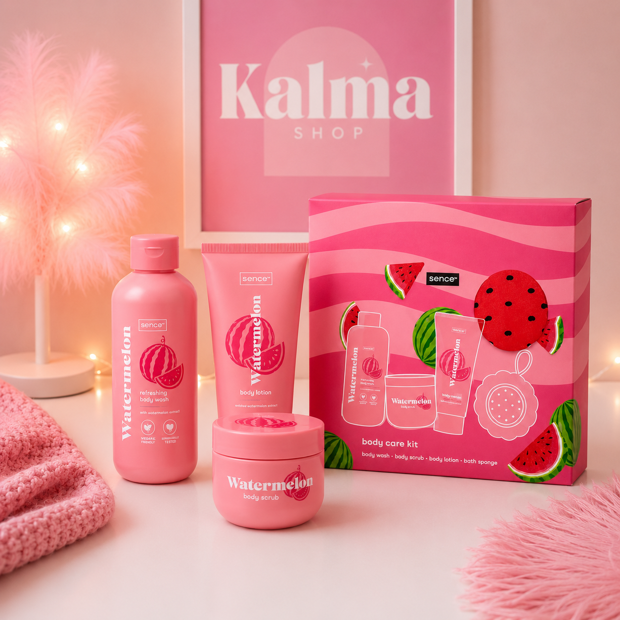 Pack sandia corporal (esponja de baño, gel de ducha, crema corporal y exfoliante corporal)