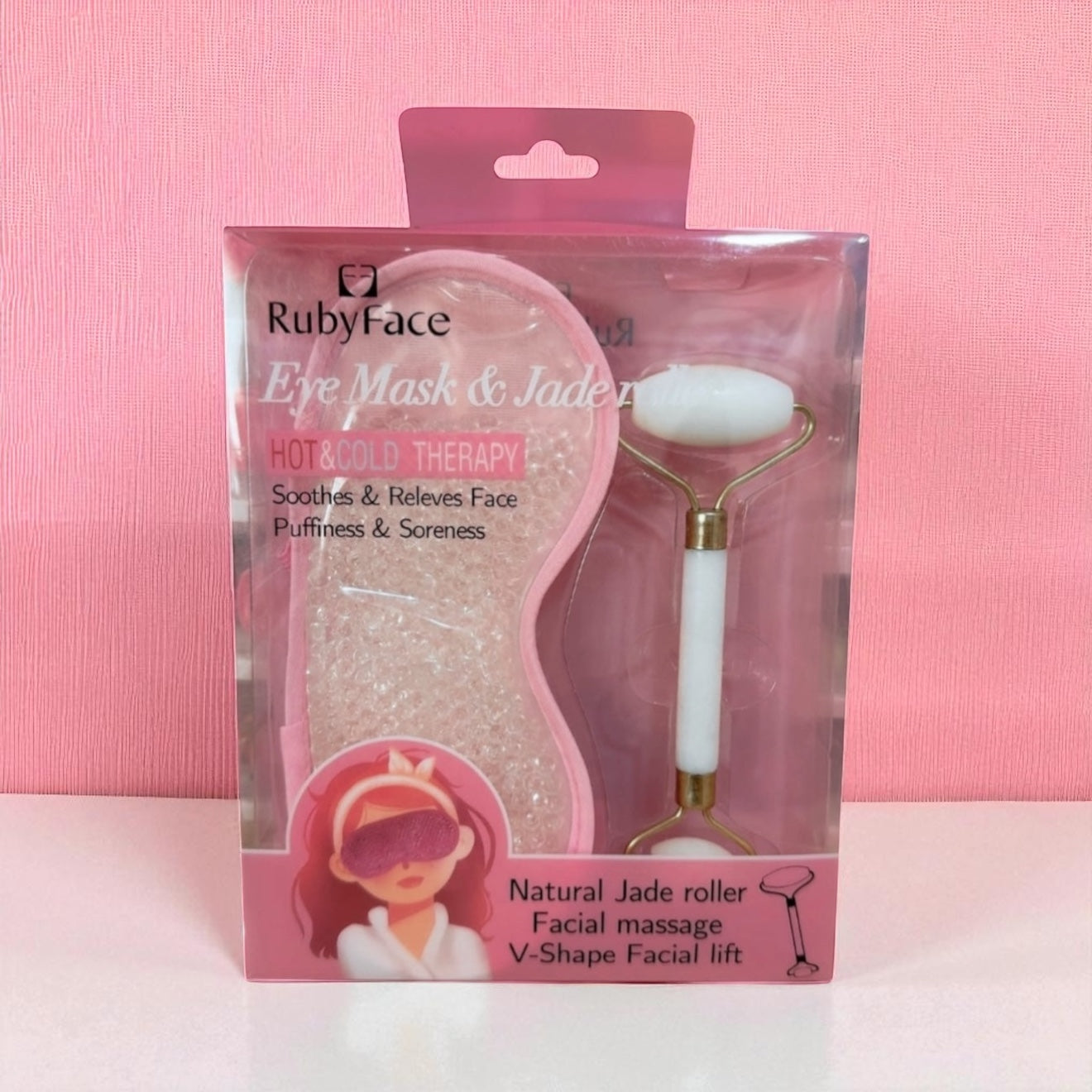 Antifaz para las ojeras y roll on de piedra jade para masajear