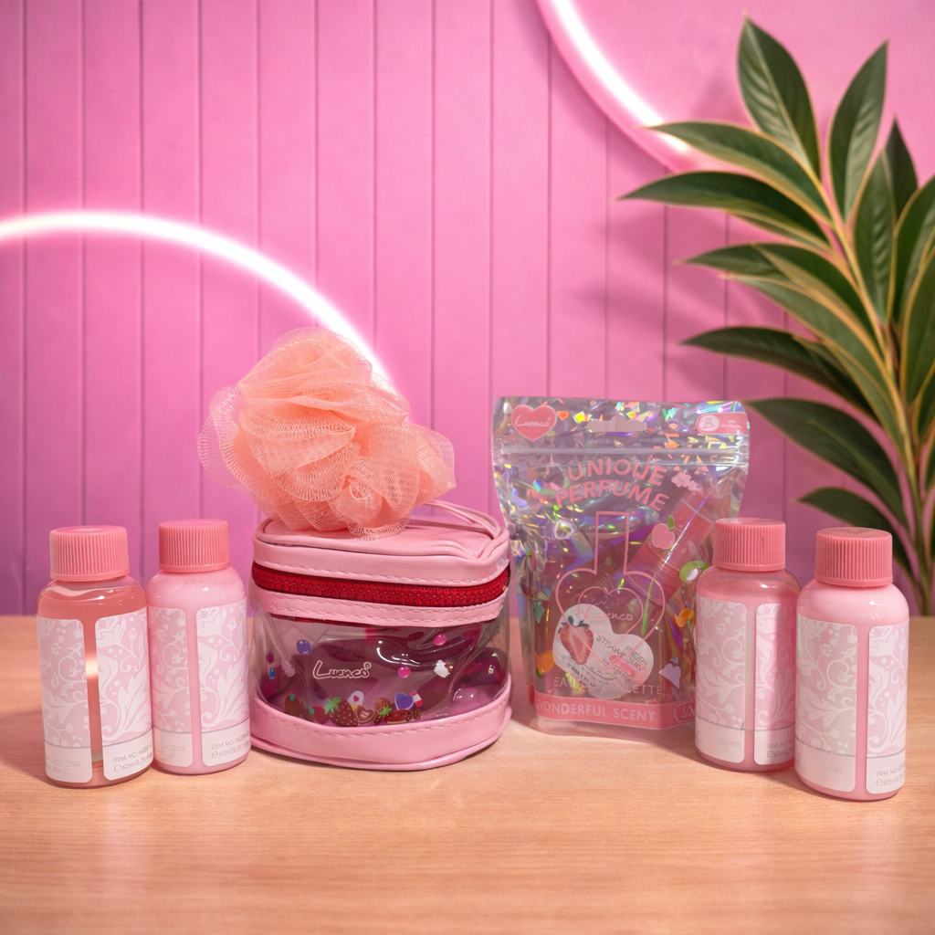 Pack viaje aroma arabe (esponja de baño, perfume bolso, gel,shampoo, acondicionador y crema corporal) + neceser