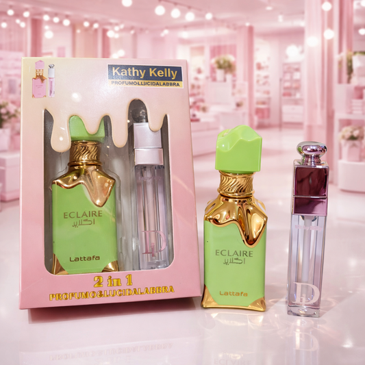 Set eclaire mini pistacho con caramelo + labial