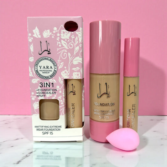 Pack base maquillaje Yara + corrector + esponja de maquillaje