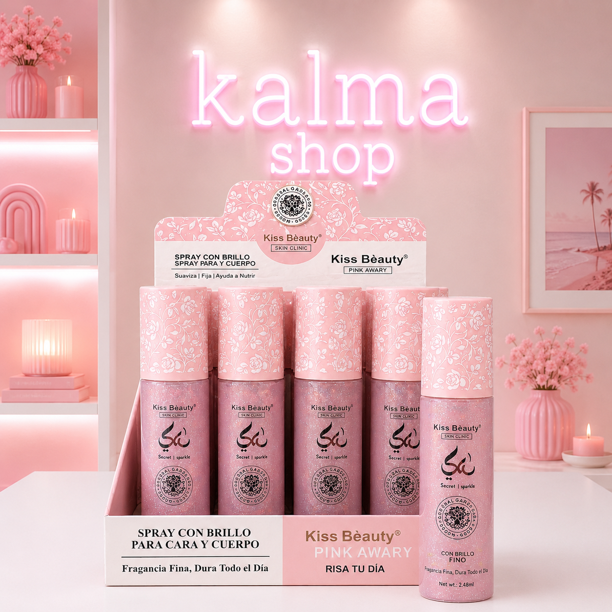 Spray arabe rosa brillo para cara,cuerpo y pelo