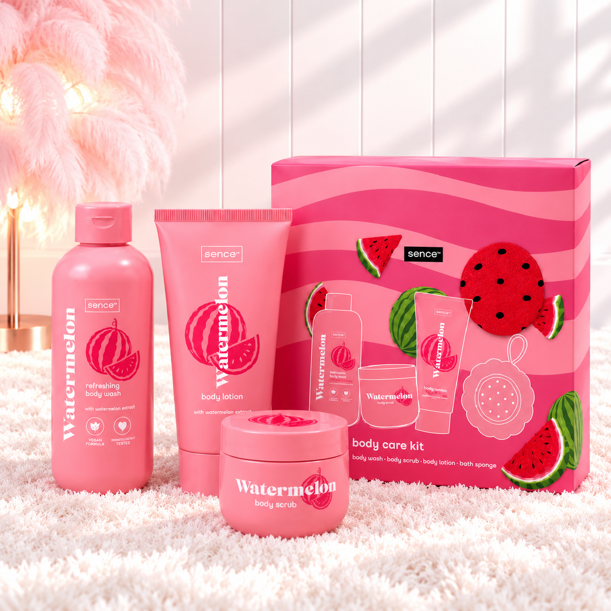 Pack sandia corporal (esponja de baño, gel de ducha, crema corporal y exfoliante corporal)