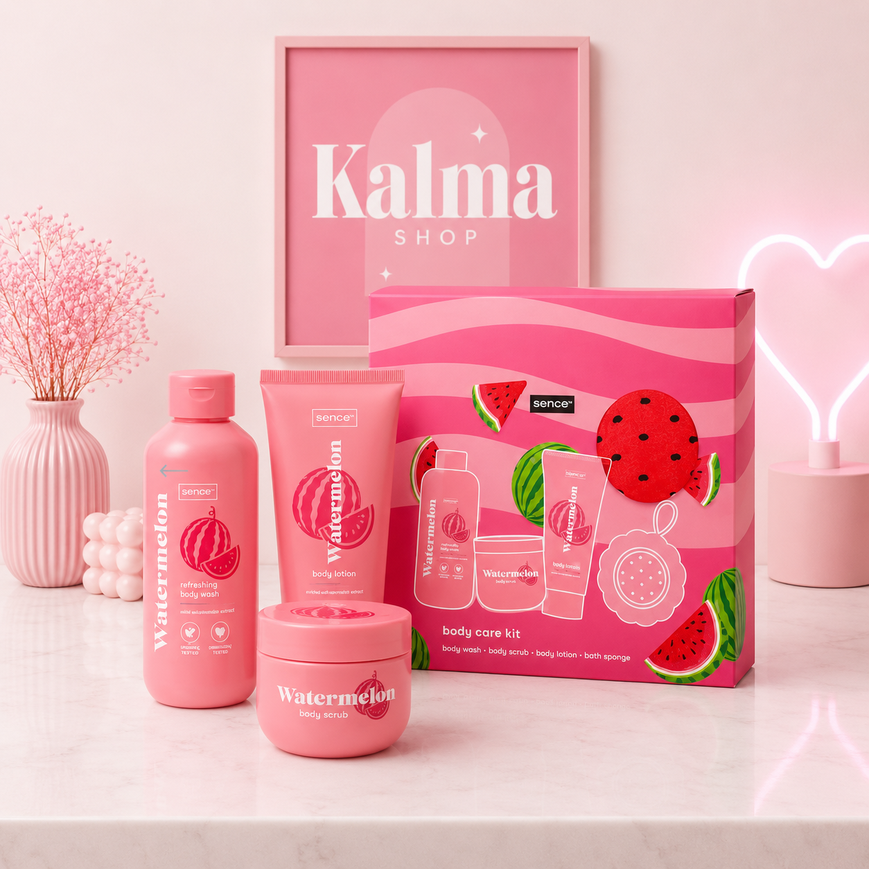 Pack sandia corporal (esponja de baño, gel de ducha, crema corporal y exfoliante corporal)