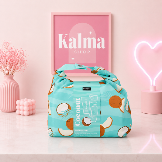 Set de coco ( bolso + esponja + gel de ducha locion corporal y exfoliante )
