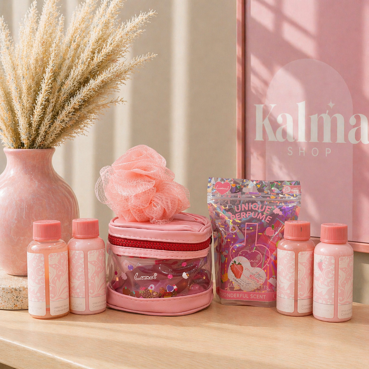 Pack viaje aroma arabe  (esponja de baño, perfume bolso, gel,shampoo, acondicionador y crema corporal) + neceser