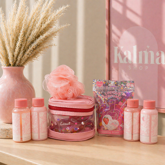 Pack viaje aroma arabe  (esponja de baño, perfume bolso, gel,shampoo, acondicionador y crema corporal) + neceser